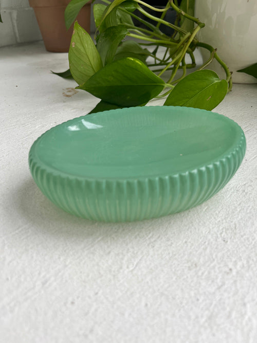 Green Glass soap dish - thrifted home goods